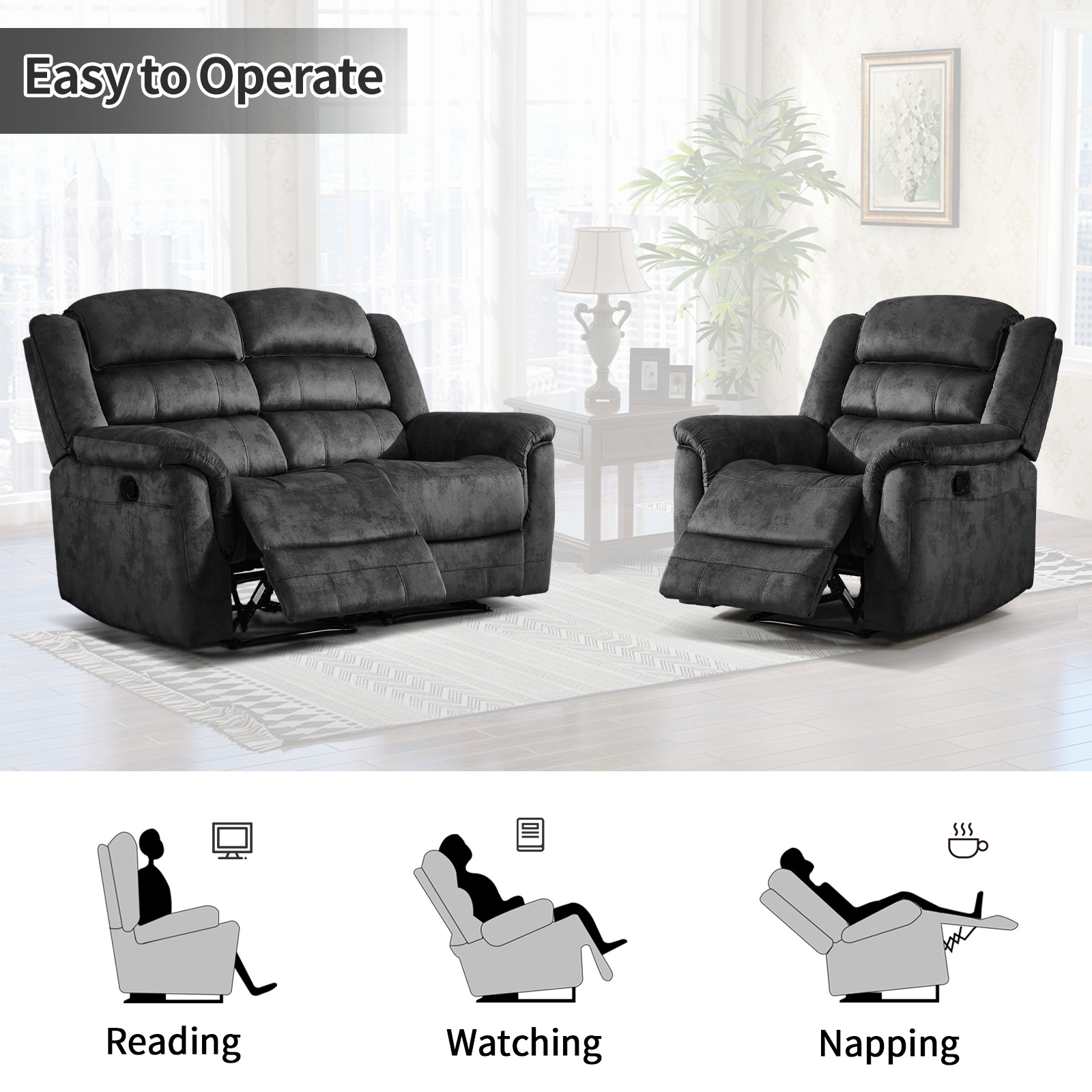 Bonzy Home Recliner Sofa Set – Cloth Reclining Living Room Furniture Set with Single Recliner Chair & Loveseat Gray