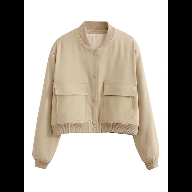 Chaqueta con Botones y Hombros Caídos para Mujer, Abrigo Corto y Corto, Ropa de Abrigo Caqui L