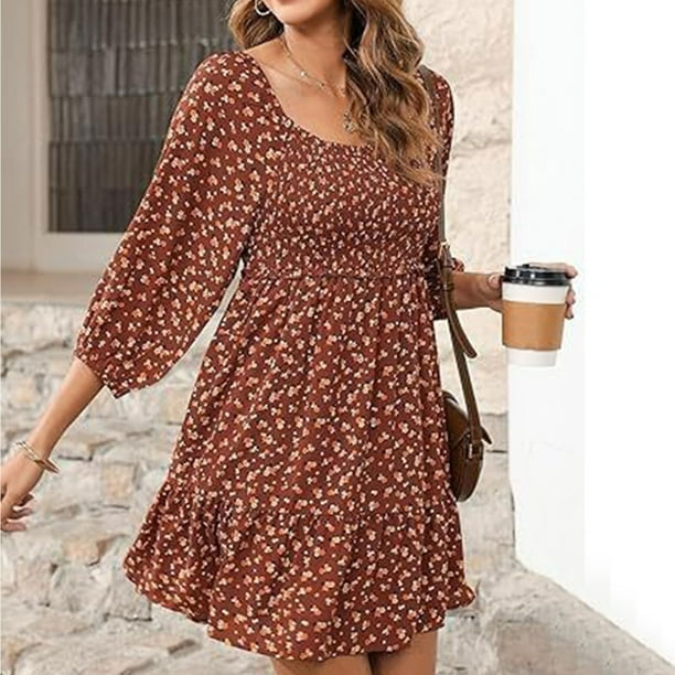 WILLBEST Vestidos de Dama para Mujer, Vestidos de Primavera y Verano, Estilo Bohemio, con Flores, Cuello Cuadrado, Fruncido, Manga 3/4, Informal, Corte A, Minivestido con Vuelo Grande