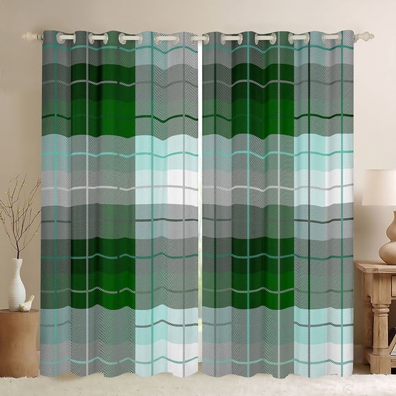 Homewish Classic Geometric Plaid Black Out Curtains,Modern Abstract Checkered Curtains Pack of 2 (42x63 Each),Green White Bedroom Curtains For Girl Boys,Microfiber Bedroom Decor