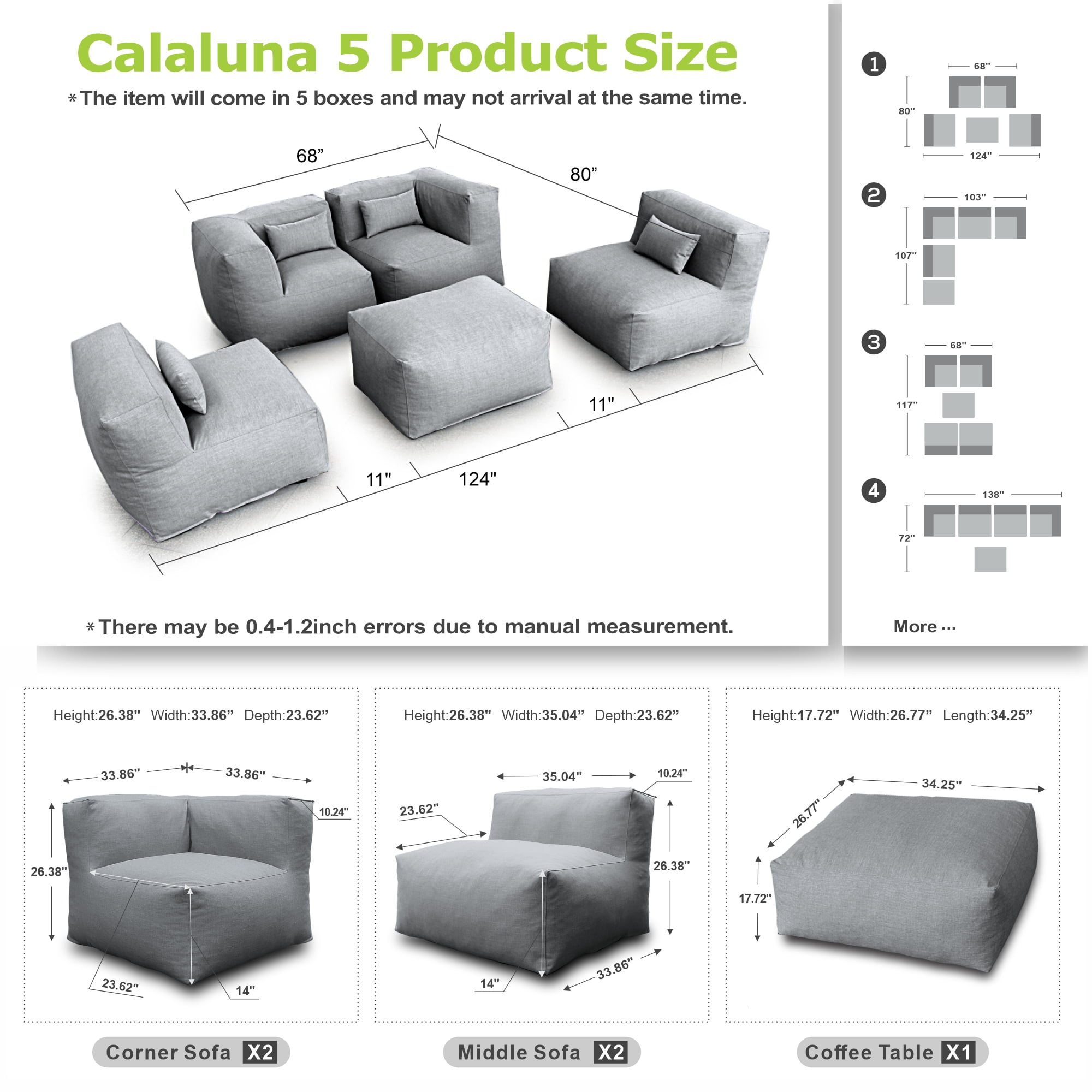 5 Pieces Olefin Patio Conversation Set with Thickened Cushions 4-Seat Outdoor Furniture Set with Bean Bag Chairs (Dark Gray)