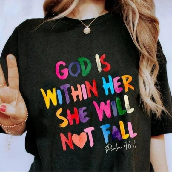 Inspirational Religious - Themed Printed Tee,Features "GOD IS WITHIN HER SHE WILL NOT FALL" Text Design, Round Neck Regular Fit T - shirts, Size(S - 5XL)