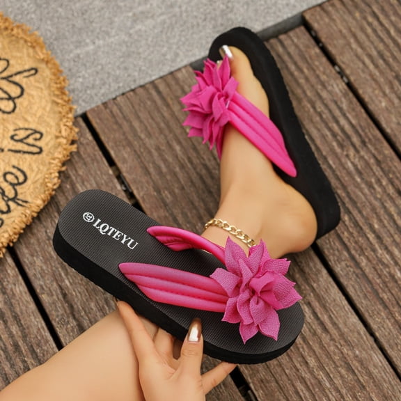 CQONEPT Flower Flip Flops for Women with Arch Support Comfortable Slip on Slippers Walking Sandals Slides Casual Lightweight Dressy Slippers Hot Pink 40