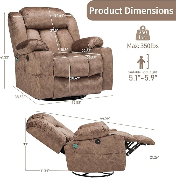 EPICOZY Swivel Rocker Recliner Chair with Heat and Massage, Manual Glider Rocking Reclining Chair, 360° Swivel Overstuffed Lounge Chair with 2 Cup Holders, Side Pockets & USB Ports, Fabric Brown
