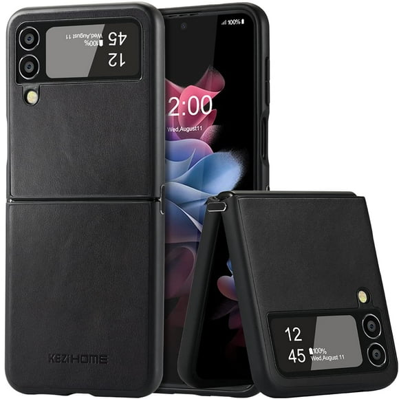 Funda para teléfono móvil KeziHome Galaxy Z Flip 4 de piel auténtica negra