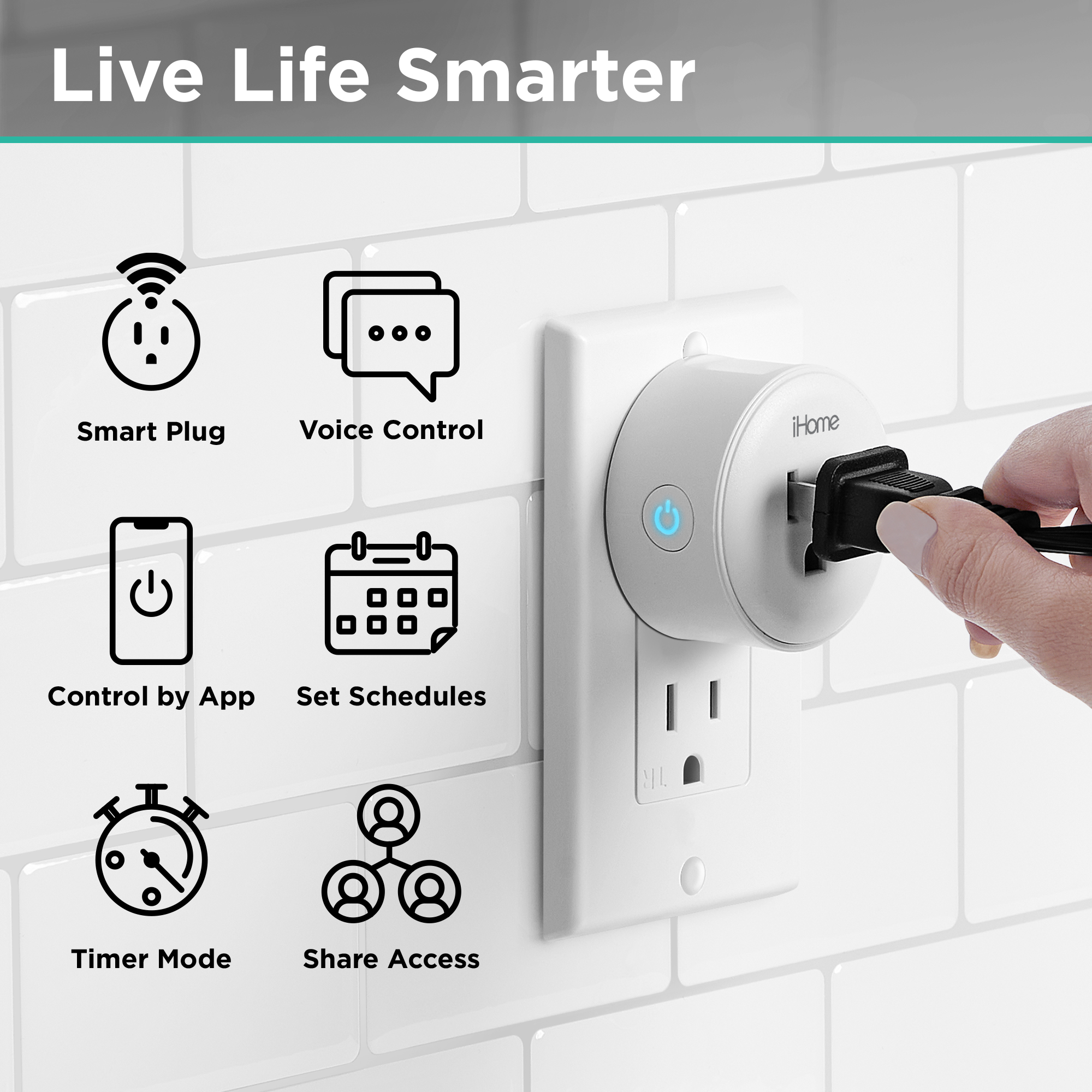 iHome Smart Plug 2-Pack, 10A Wi-Fi Outlet, White photo 2