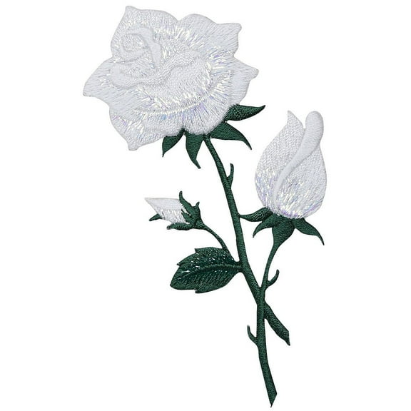 White Rose - Open - Buds on Stem - Iron on Applique/Embroidered Patch
