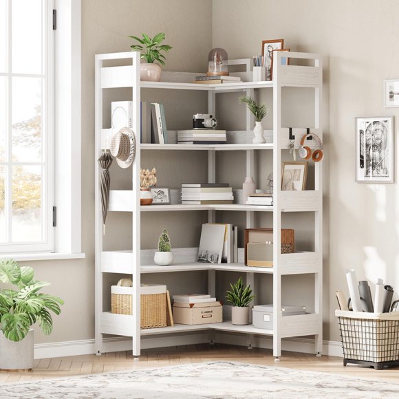 Corner Bookshelf, 5-Tier Convertible L-Shaped Bookshelf, Modern Industrial Bookcase with Metal Frame, Storage & Display Shelf for Living Room, Bedroom, Office