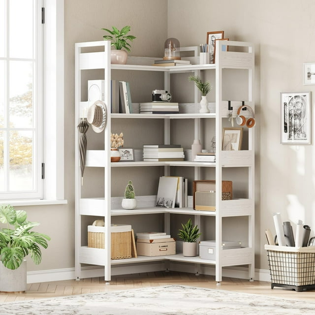 Corner Bookshelf, 5-Tier Convertible L-Shaped Bookshelf, Modern Industrial Bookcase with Metal Frame, Storage & Display Shelf for Living Room, Bedroom, Office