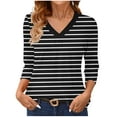 thumbnail image 3 of Loopsun Womens Fall Tops, 3/4 Sleeve T Shirts for Women, Ladies' Fashion Striped Printing 3/4 Sleeve V-neck T-shirt Top Black, M, 3 of 5