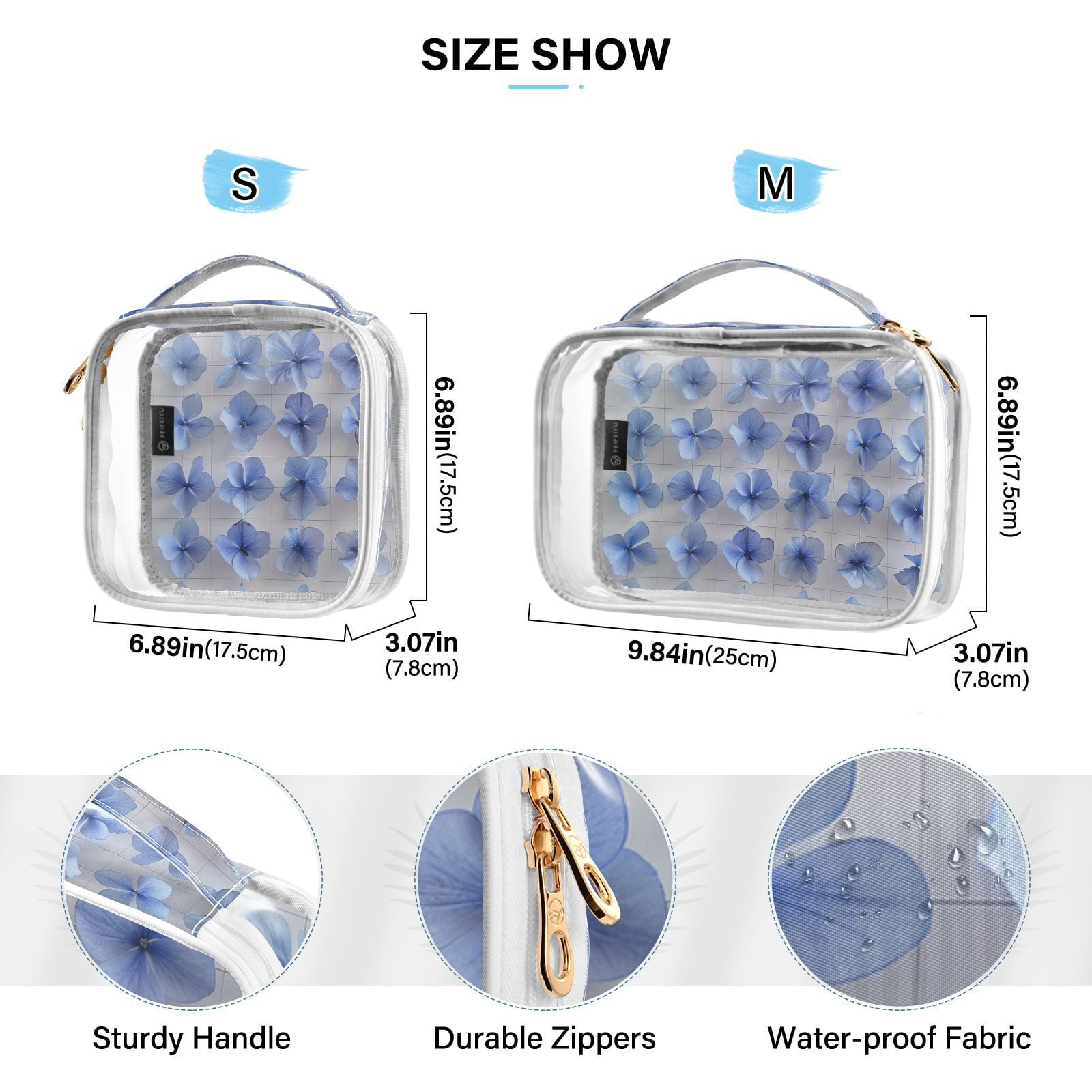 Clear Makeup Bags with Handle Large Opening 2 Pack Set Toiletry Bag Quart Size Bag, for Women Man Traveling Travel Essentials, Toiletries and Other. Flowers Cobalt Blue
