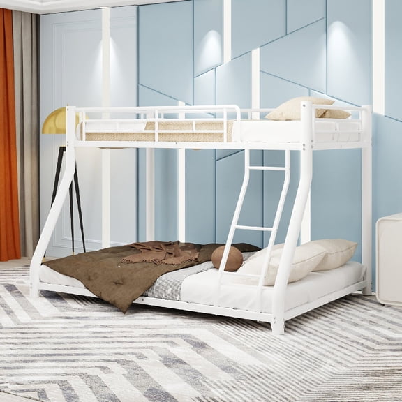 Alukang Twin over Full Bunk Bed with Safety Guardrail and Ladder, Heavy Duty Bed Frame for Bedroom, Noise-Reduced Design, White