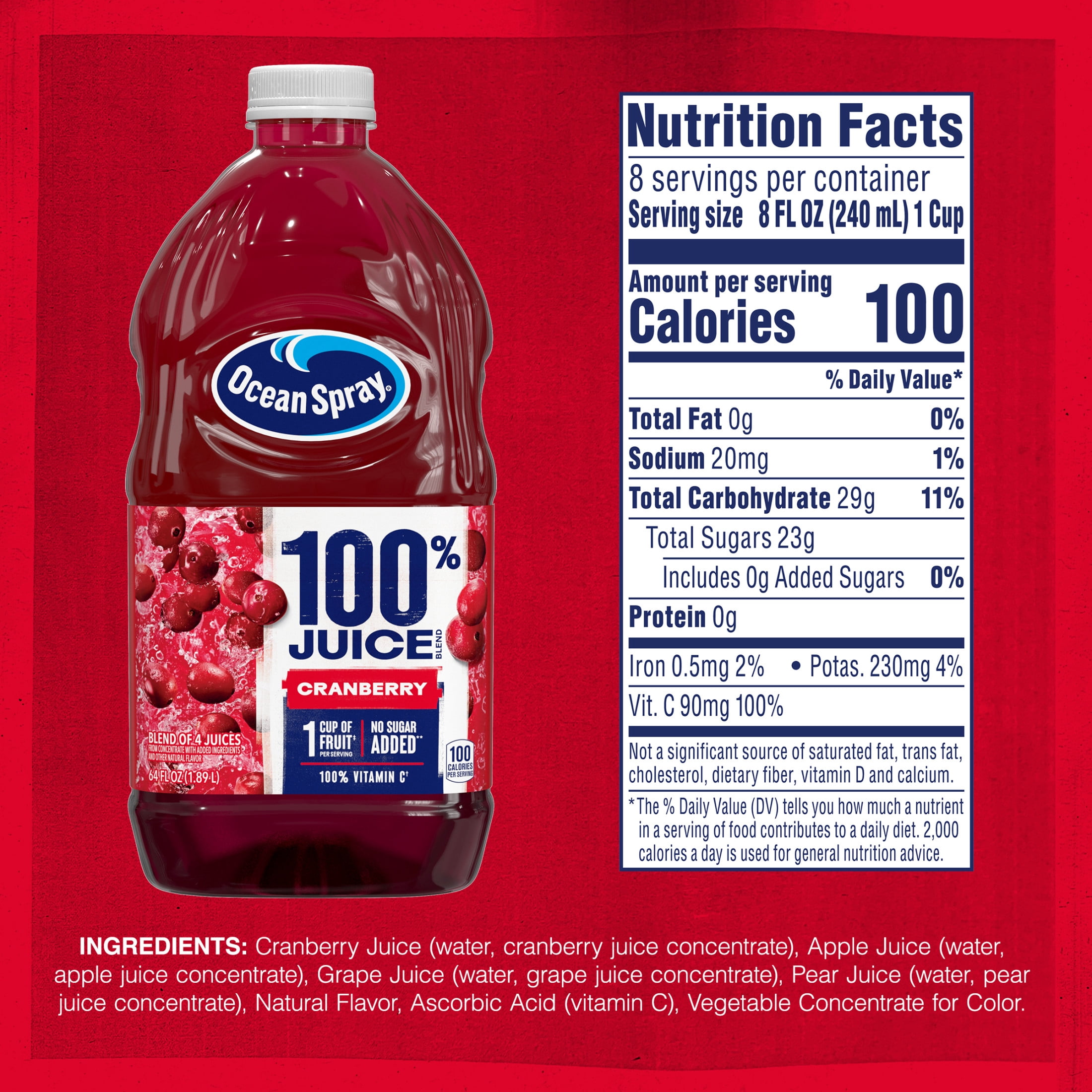 (8 pack) Ocean Spray® 100% Juice Cranberry Juice Blend, 64 fl oz Bottle