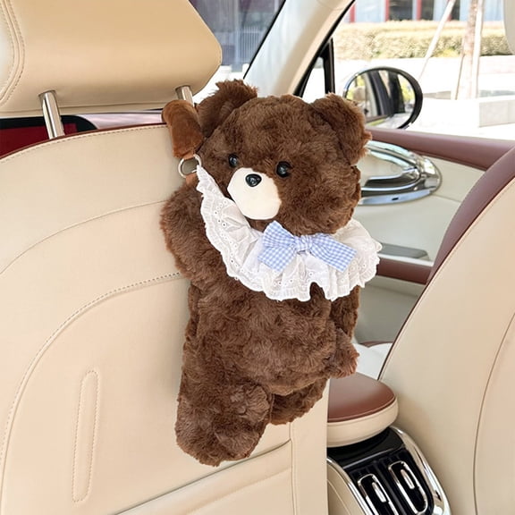 Car Tissue Holder,Back Seat Car Organizer,Cute Bear Car Tissue Box Cover with Plush Doll, Hanging Vehicle Interior Organizer, Adorable Auto Decoration & Practical Accessory(Coffee)