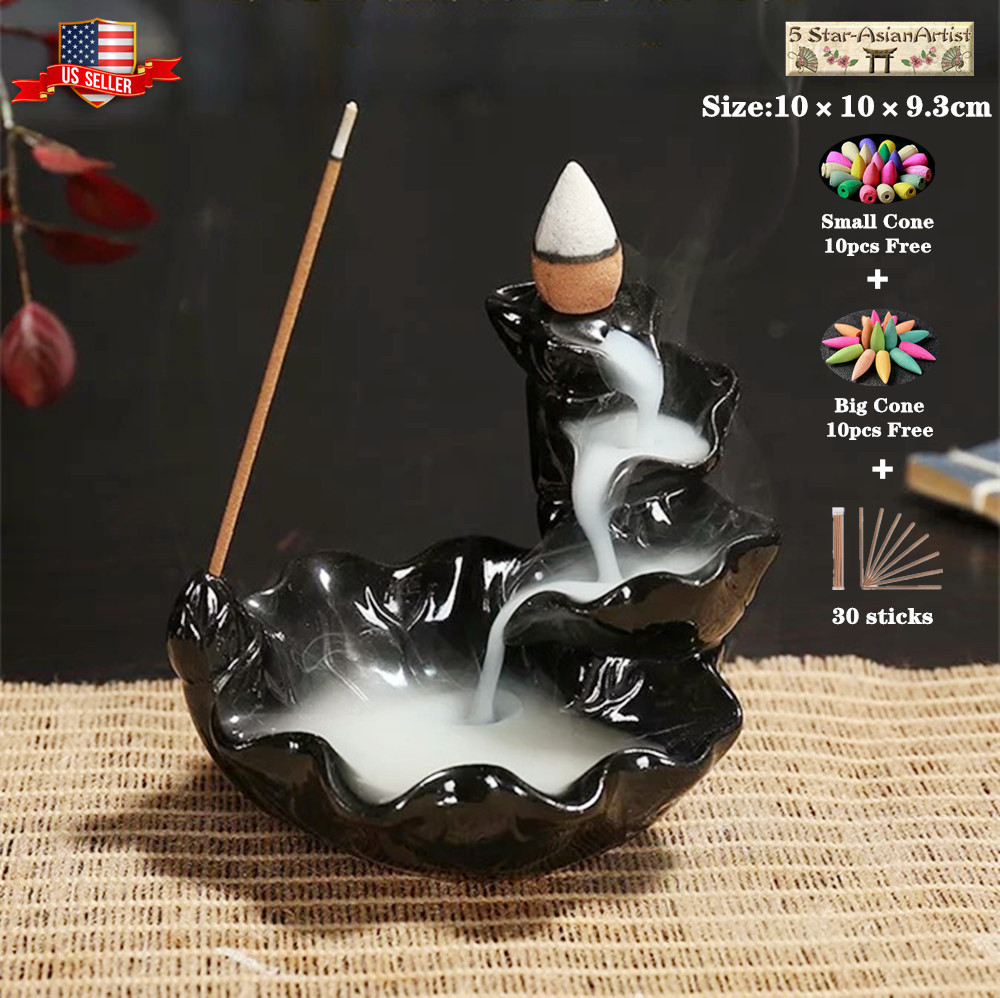 Ceramic Backflow Incense Cone Burner Holder Home Decor Lotus Waterfall