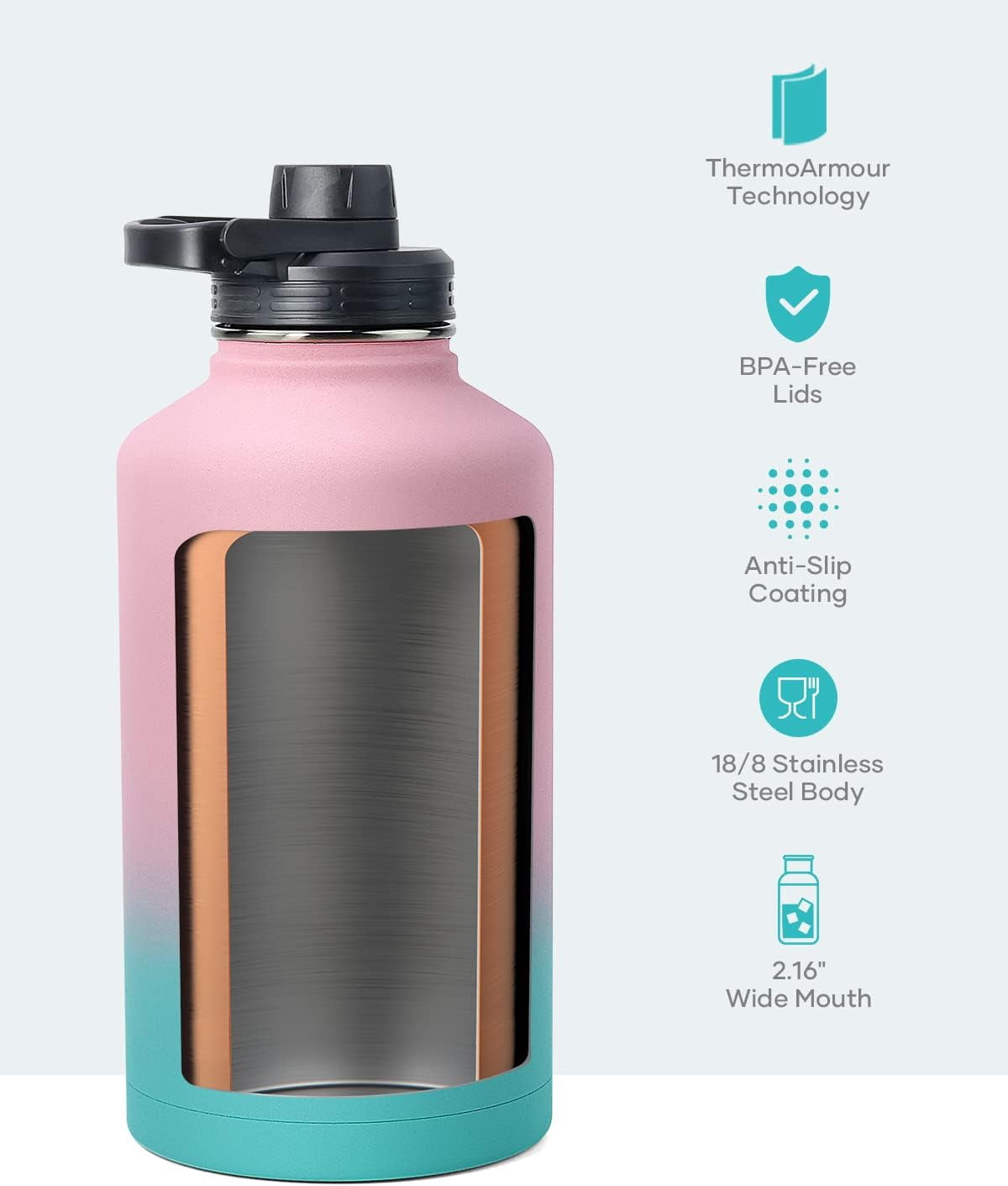 Buzio 64 oz Water Bottle Insulated with Straw & 3 lid and Carrying Pouch Leak Proof Anti-Slip Stainless Steel Water Flask Jug,BPA-Free, Bubble Gum