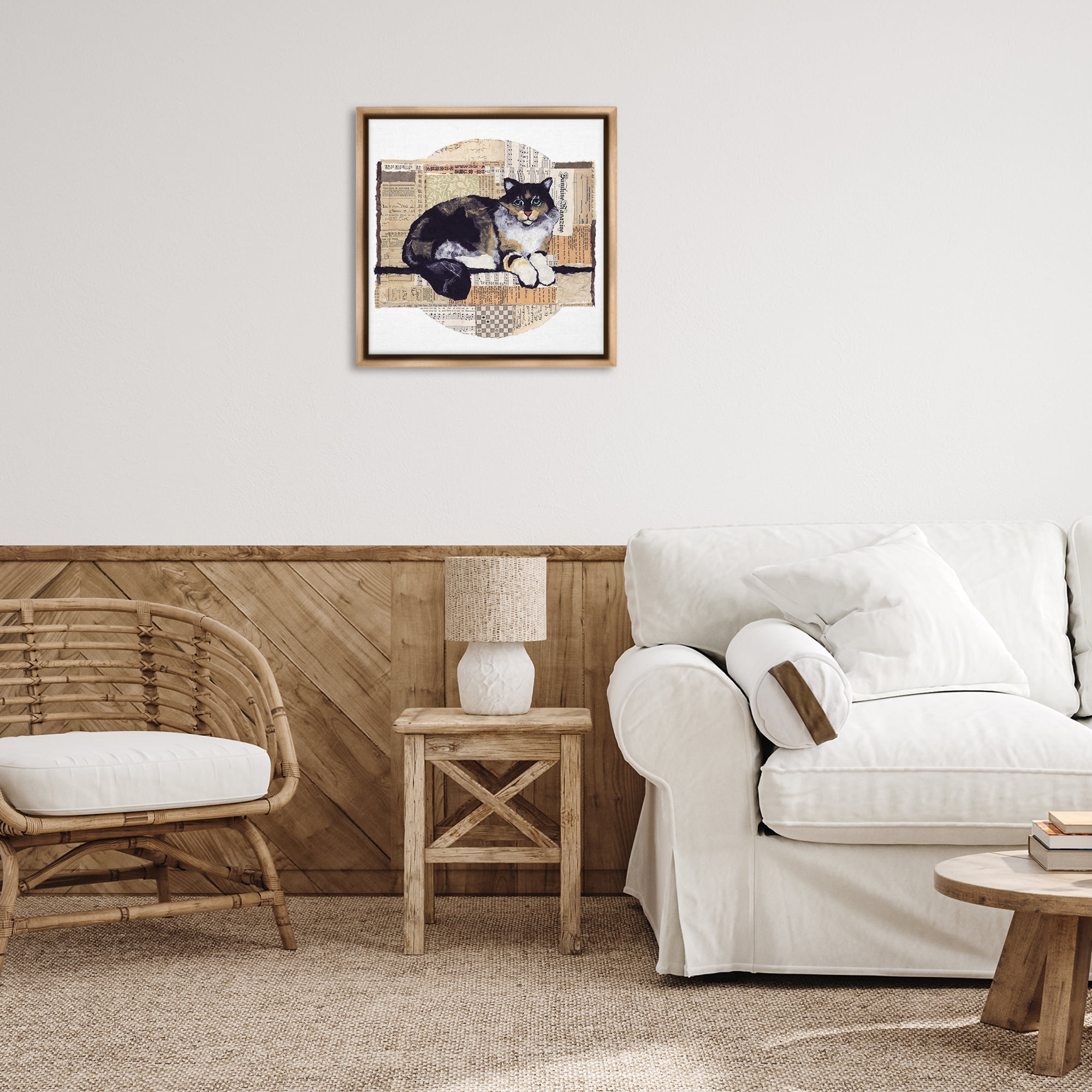 Stupell Industries Cat with Vintage Collage Animals & Insects Painting Brown Floater Framed Canvas Art Print Wall Art, 25 x 25