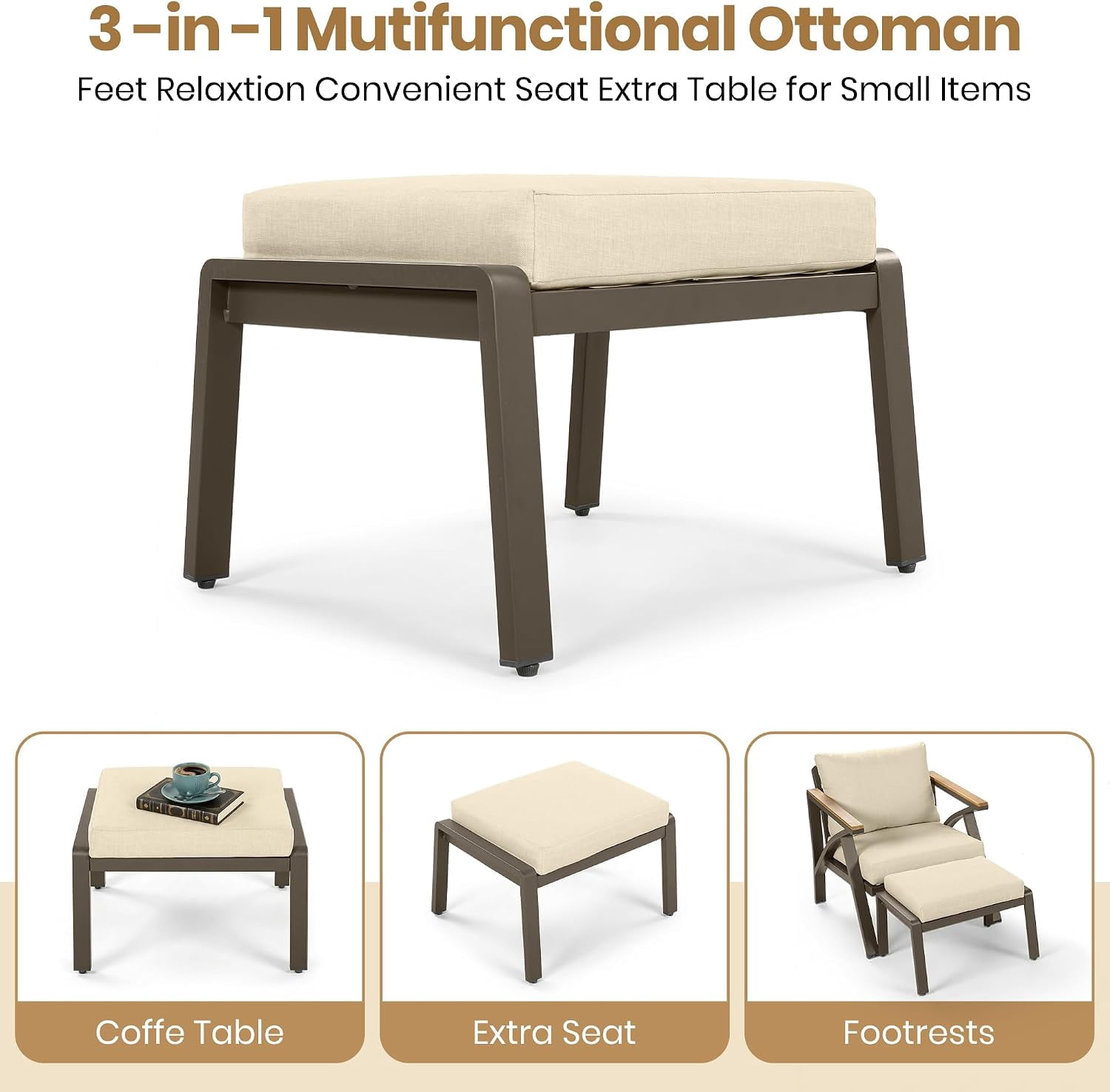 6-Piece Outdoor Patio Seating Set with Ottomans, Steel Frame Sofa & Acacia Wood Coffee Table, Beige Cushion