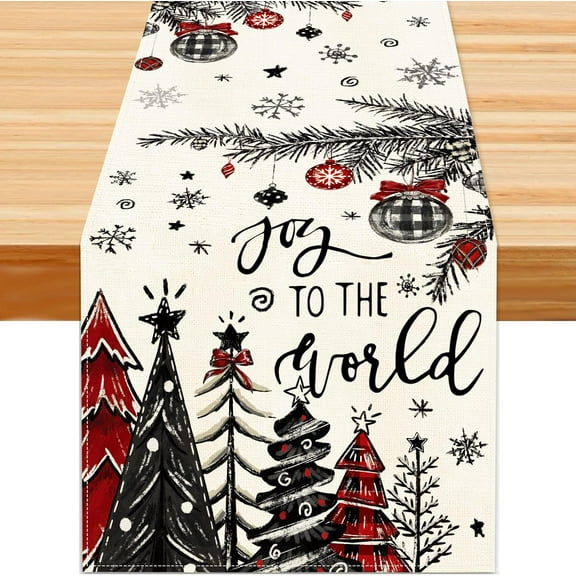 Christmas Winter Table Runner, Christmas Tree Ball Tabletop Runners Xmas Joy to the World Seasonal Holiday Table Decoration for Farmhouse Kitchen Dinning Home Indoor Party Decor 13.8x71in