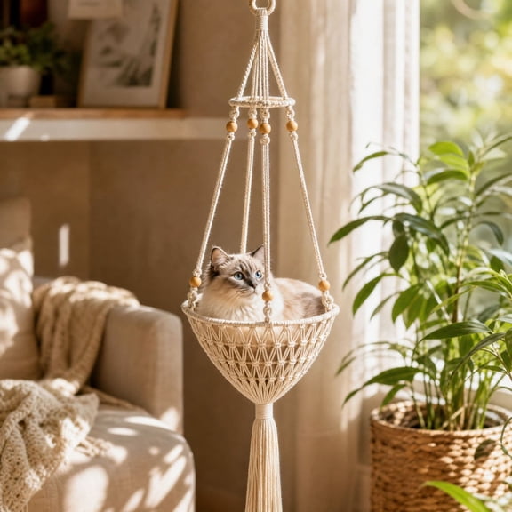 Boho Hanging Cat Bed, Cat Hammock Macrame Wall Hanging with Tassels, Handwoven Hammock Swing for Cats Inside