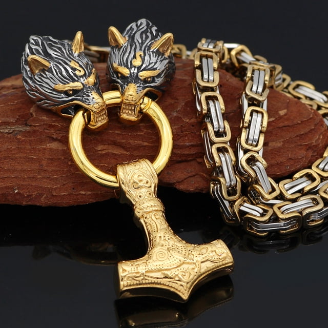 Collar de acero inoxidable con hebilla cuadrada de dos colores y cabeza de lobo para hombre, con martillo de Thor y doble color