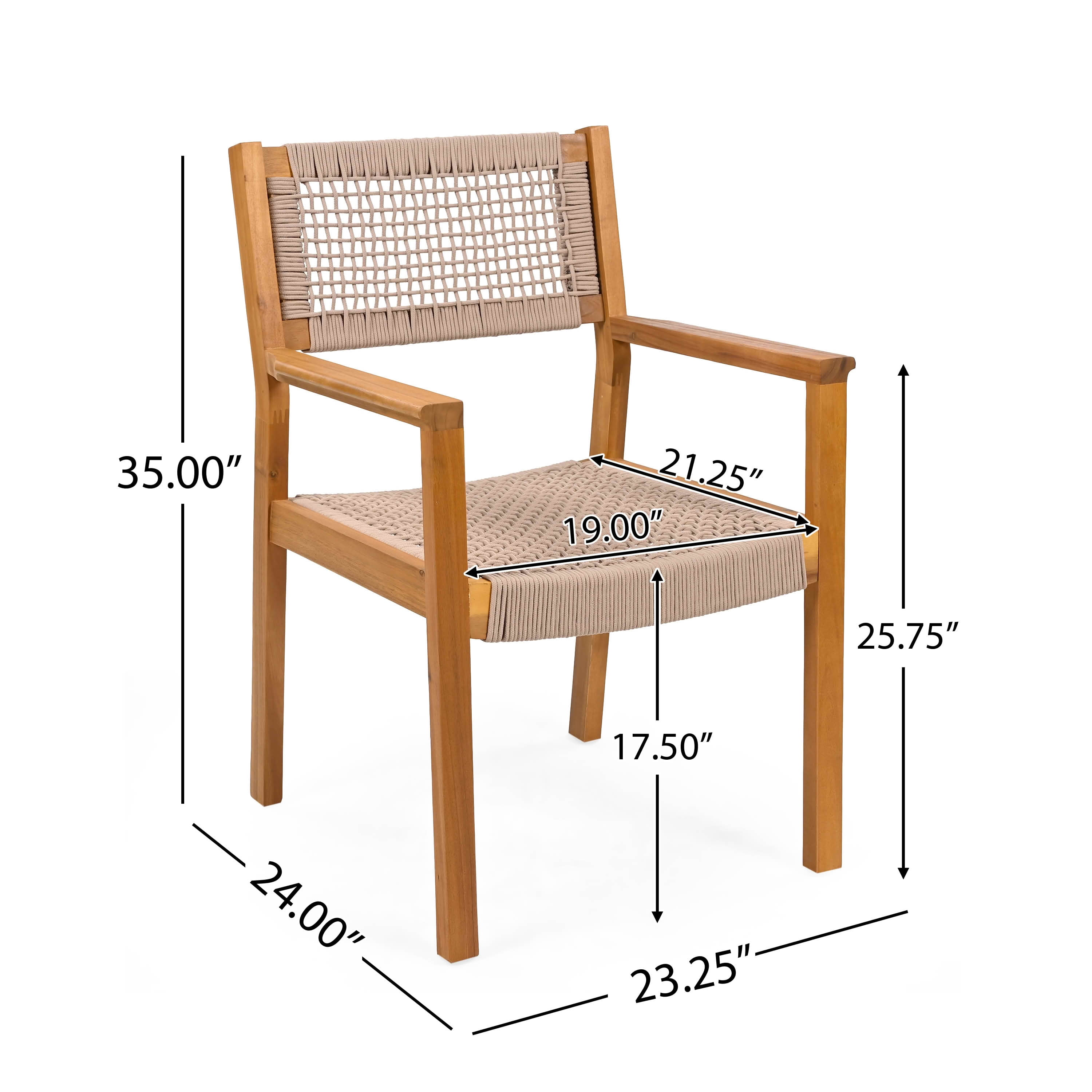MAYEERTY Set of 2 Patio Teak Finish Acacia Wood Rope Dining Chairs, 400lbs Weight Capacity
