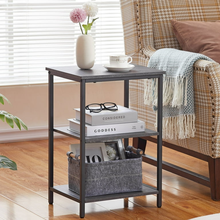 VECELO 3 Tier Side Table With Wood Storage Shelf Industrial Nightstand Sofa End Table Storage Display Shelf for Living Room Bedroom Small Spaces