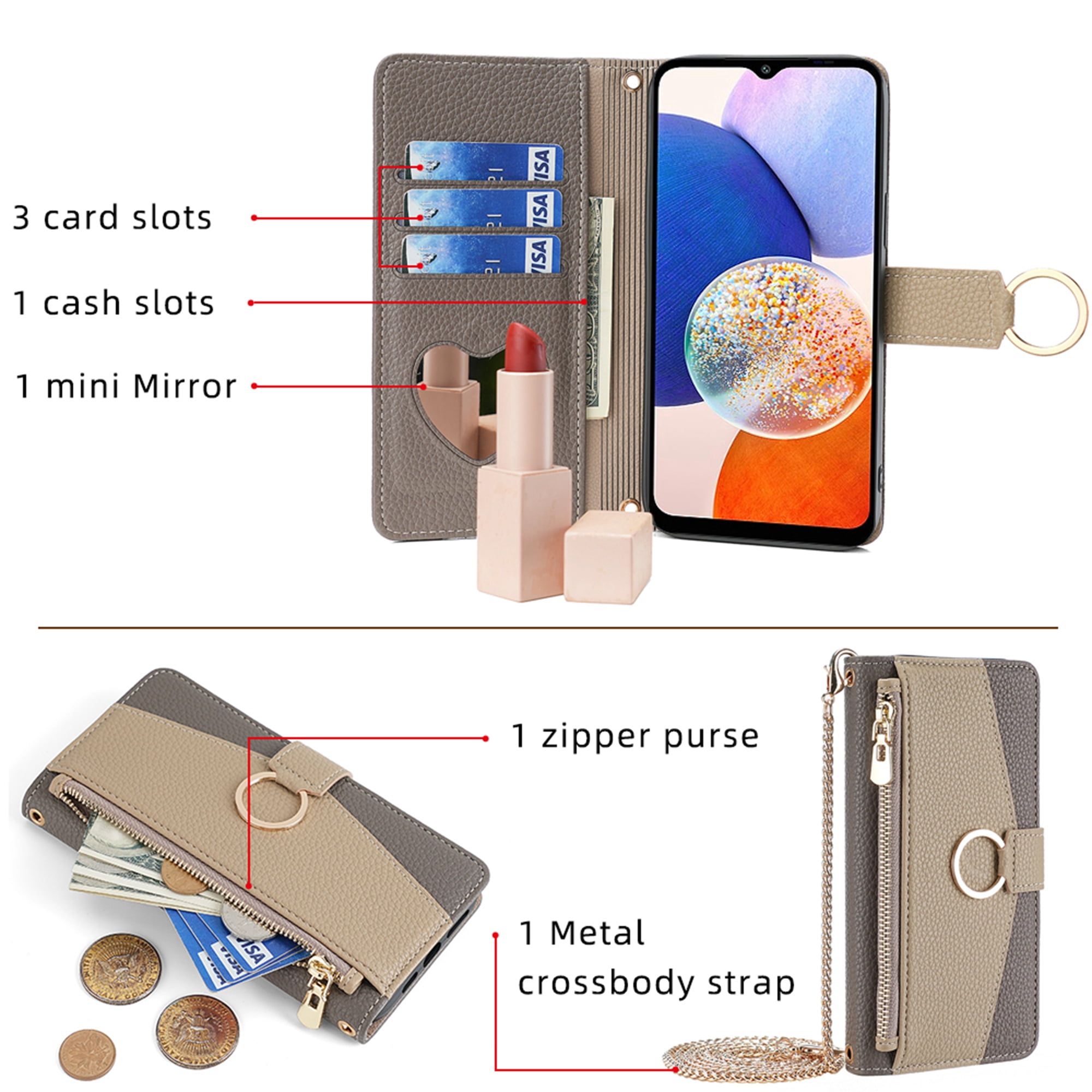 Dteck Crossbody Wallet Case for Samsung Galaxy A35 5G, Bicolor PU Leather Zipper Purse with Card Holder Mini Make-up Mirror for Women Girls,Folio Flip Phone Case with Magnetic Closure,Gray