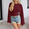 thumbnail image 4 of Long Sleeve Shirts for Women Round Neck Solid Wide Sleeve Waist Cinched Long Sleeve Blouse Womens Shirts Dressy Casual Wine 2Xl, 4 of 8