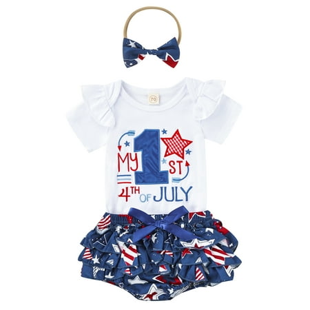 

wybzd My 1st 4Th of July Outfits Baby Girl Short Sleeve Romper Tops+USA Flag Ruffle Tutu Shorts+Headband Blue 6-9 Months