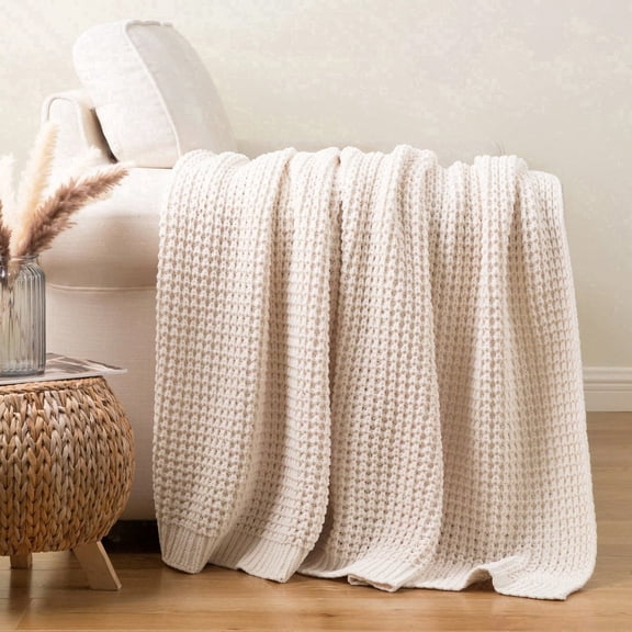 Battilo Cream Waffle Throw Blanket,Lightweight Decorative Chenille Blanket for Farmhouse Home Decor,50"x60"