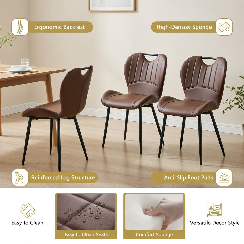 Hommoo Set of 4 Modern PU Leather Dining Chairs with Black Metal Frame, Ergonomic Wide Seat, Adjustable Leveling Feet & Integrated Handle for Kitchen, Office, or Bedroom Use, Brown