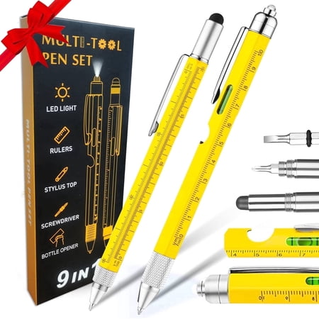 2 Pack Multitool Pen Set 9 in 1 Pocket Multi Tool Pen with Light Stylus Ruler Screwdriver Level and Bottle Opener Perfect for Outdoor Daily Use Valentine s Birthday Gifts for Men Dad (Yellow)