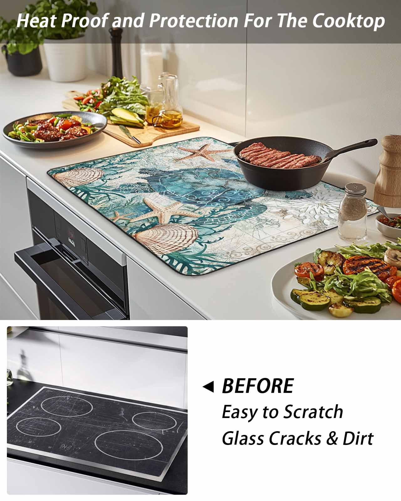 Stove Top Covers for Electric Stove, Teal Coastal Turtle Glass Stovetop Cover Protector, Vintage Summer Beach Nautical Coral Induction Cooktop Protector Oven Mat for Kitchen Countertop 24"x21"