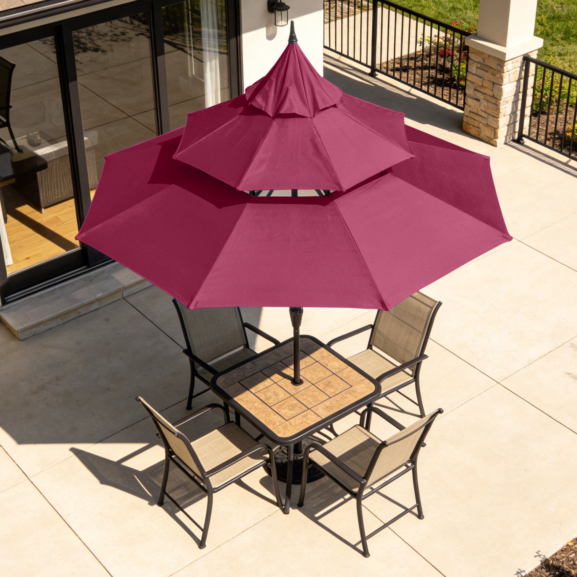 Abble 9ft Patio Umbrella with Crank 3-Tier Pagoda Outdoor Market Umbrella with 8 Ribs for Garden Deck Backyard Pool, Burgundy