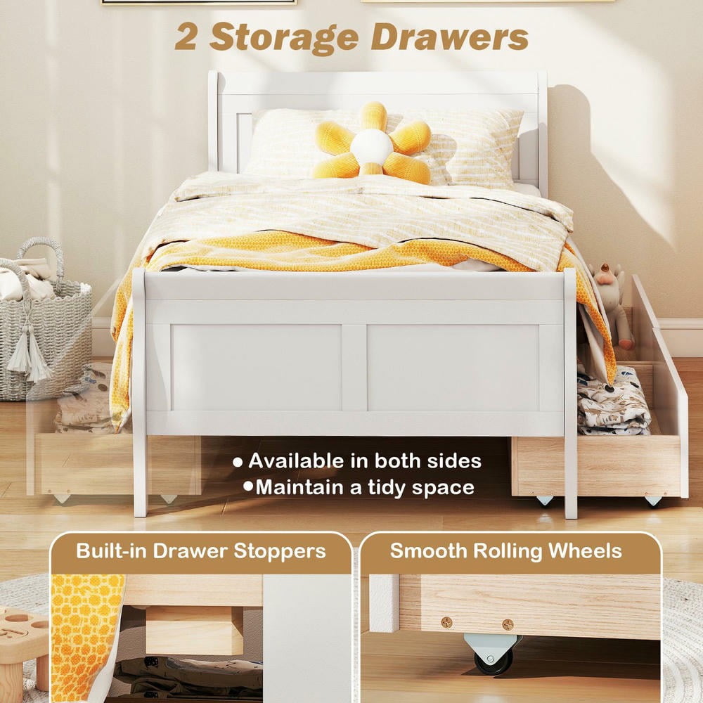 Barara King Twin Size Sleigh Bedroom Bed Frame with 2 Storage Drawers, Wood Bed Platform Frame for Apartment, Bedroom, White