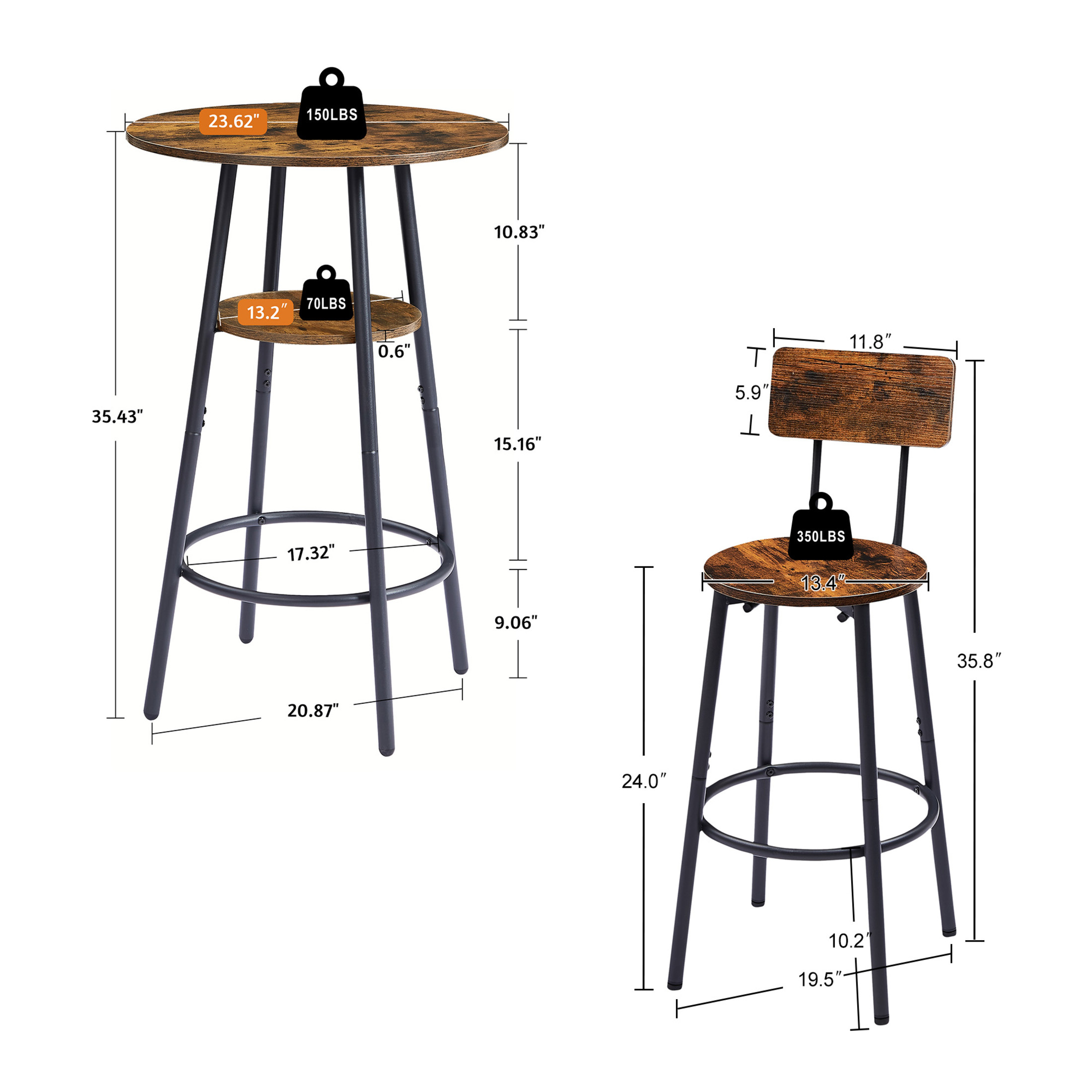 Noble House Round Bar Table with 2 Stools, Storage Shelf & Backrests, Steel Bar Set for Kitchen, Rustic Brown