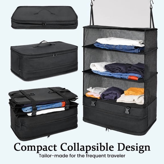 MMJ Hanging Travel Storage Organizer 3 Tier Foldable Fabric Shelves Closet Bag for Clothes Accessories
