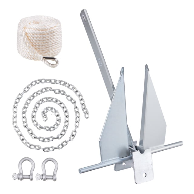 VEVOR Fluke Style Anchor Kit, featuring a 13 lb hot-dipped galvanized steel fluke anchor, a 7.9-foot chain, a 101-foot nylon rope, and two 0.4-inch shackles. Designed for small vessels under 30 feet, including sailboats, lifeboats, and fishing boats. The anchor has a two-claw design for stability in mud, sand, and gravel, ensuring secure anchoring in seas, rivers, and shores. The kit includes durable materials resistant to seawater corrosion, suitable for both freshwater and saltwater use.