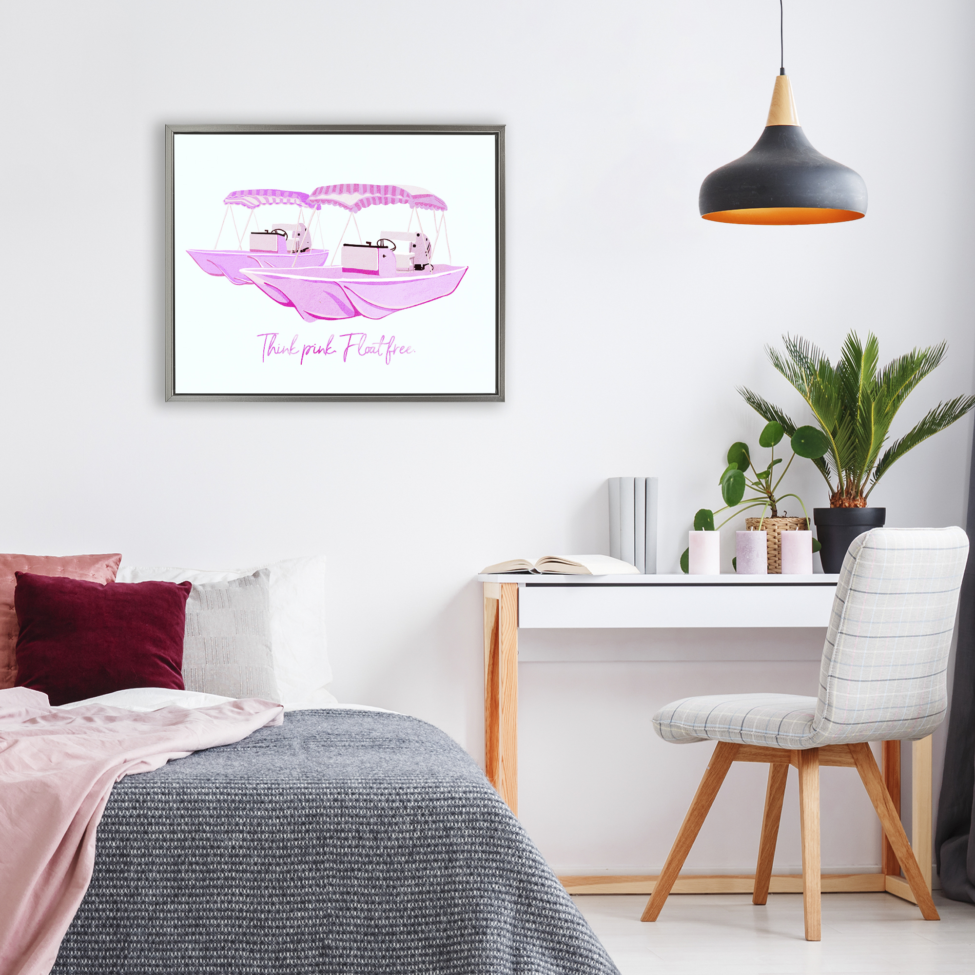Think Pink Float Free Boats Gray Framed Floater Canvas Wall Art, design by Ziwei Li