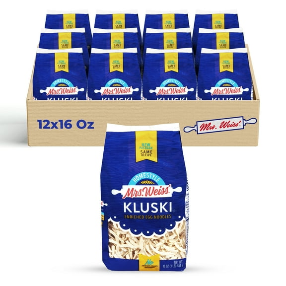 Mrs. Weiss' Kluski Egg Noodles, 12-Pack (16 oz Each) – Traditional, Hearty, Thick-Cut Egg Pasta for Soups & Casseroles