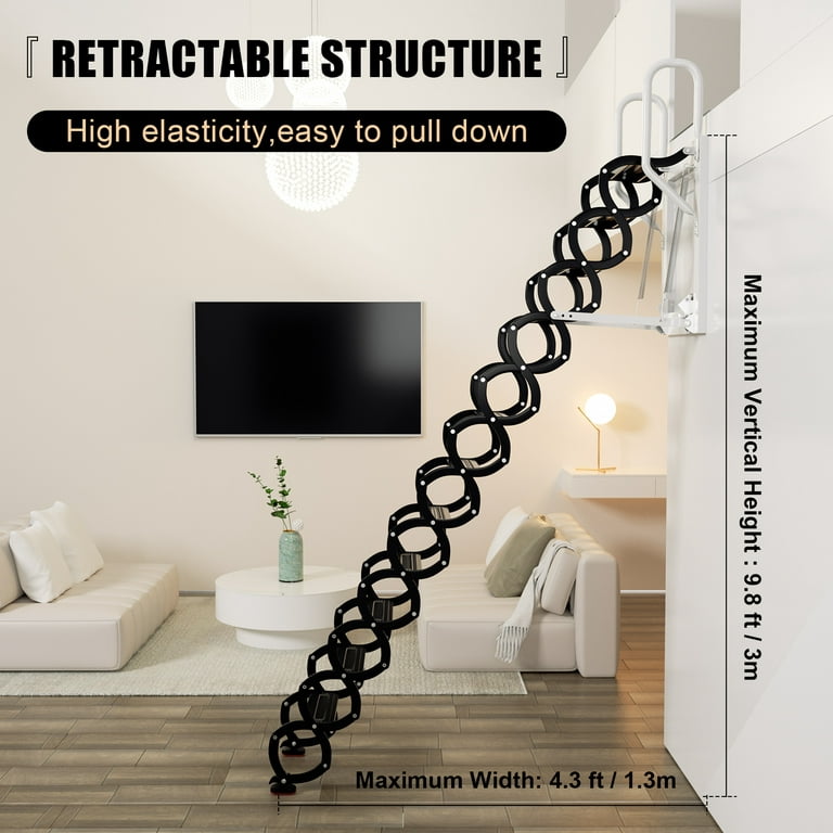 Motor Genic Wall Mounted Folding Ladder Black Retractable Loft Attic Stairs  Pull down 12 Steps Folding Retractable Attic Loft Ladder