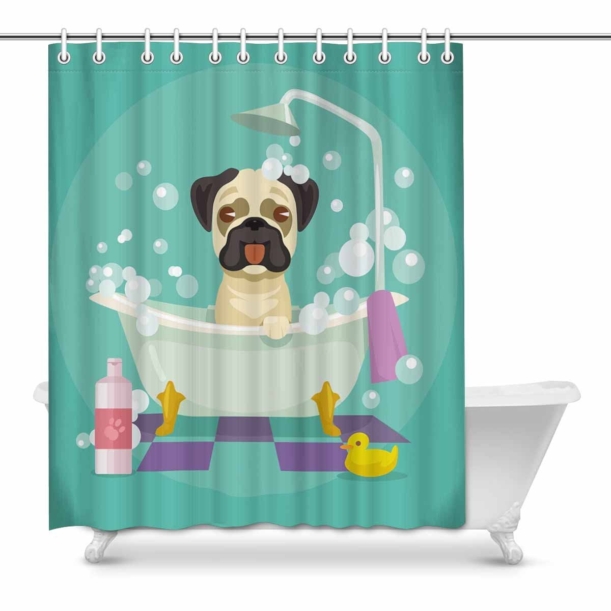MKHERT Funny Cartoon Pug Dog in Bathtub Waterproof Shower Curtain Decor Fabric Bathroom Set ...