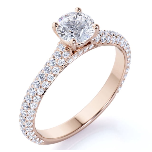 JeenMata Anillo de Compromiso de Moissanita de Fuego de Corte Redondo de 1,75 Quilates - Anillo de Compromiso Clásico - Anillo de Racimo - Oro Rosa de 18 K sobre Plata