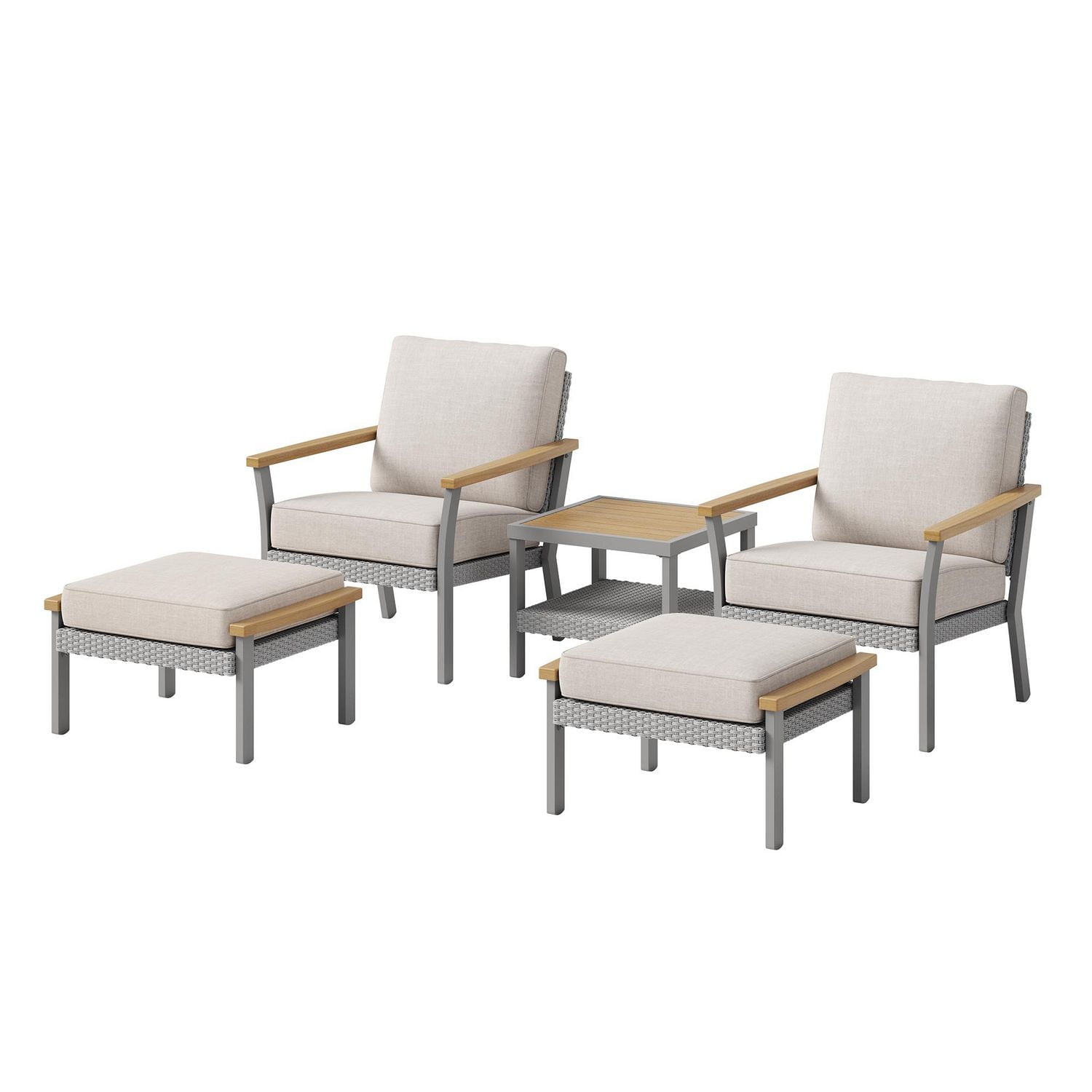 SONGMICS HOME Sencillo Collection - 5 Piece Patio Furniture Set, 2 Lounge Chairs, 2 Ottomans, 1 Coffee Table, Synthetic PE Rattan, Gray and Beige