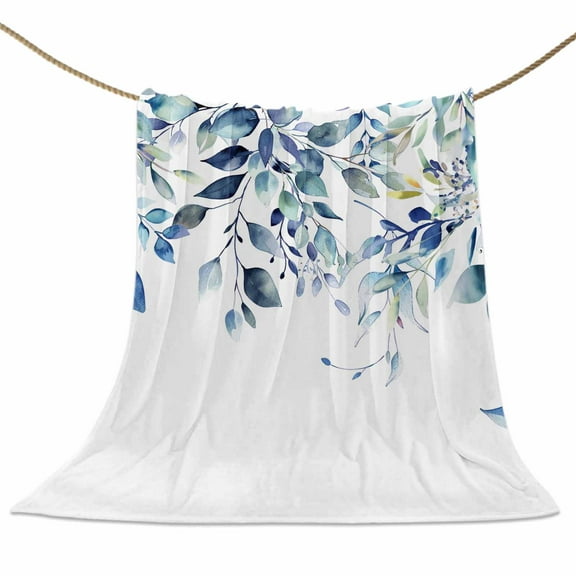 Flannel Fleece Blanket Blue Eucalyptus Leaves Super Soft Warm Cozy Throw Blanket Plant Bed Couch Car Blankets for All Season 50" x 60"