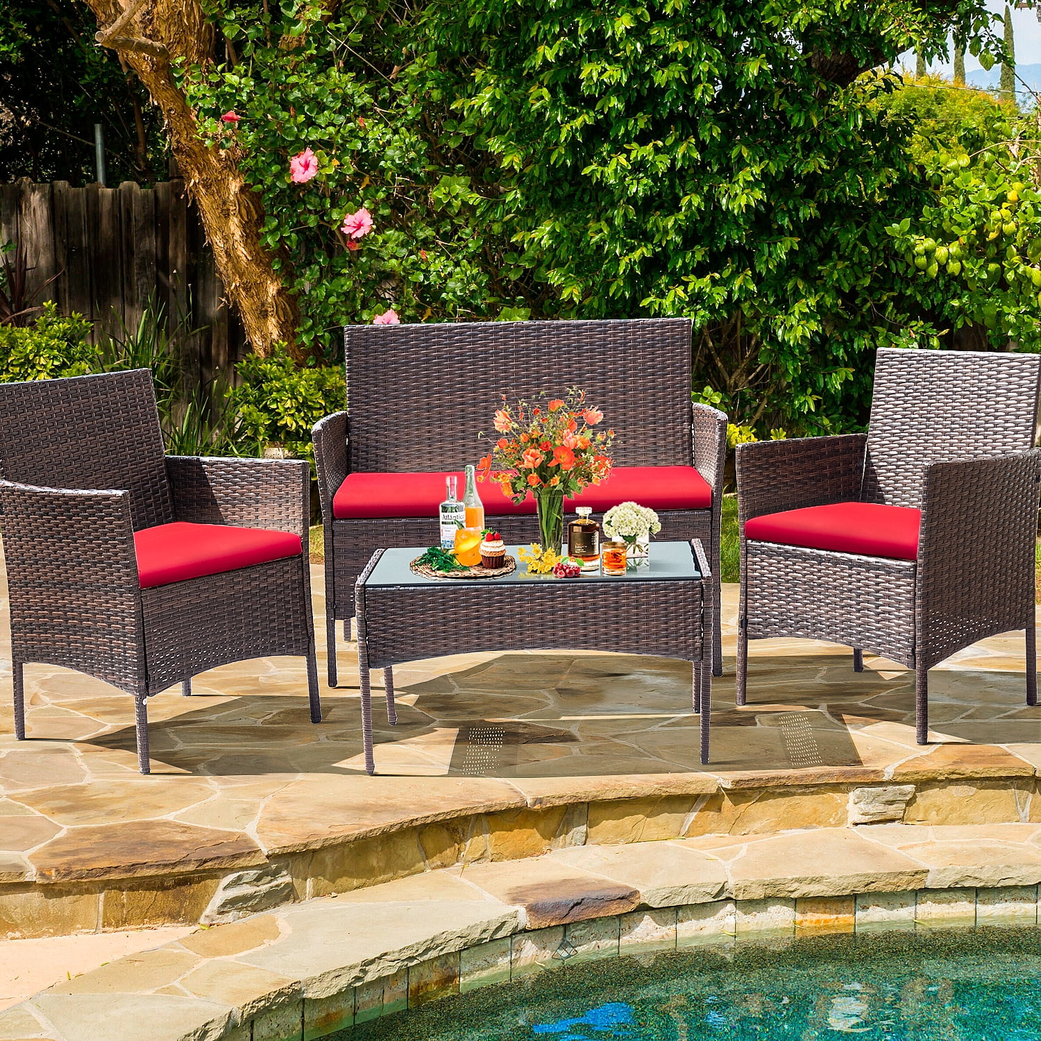 Lacoo 4 Piece Outdoor Conversation Set Brown PE Rattan Wicker Table and