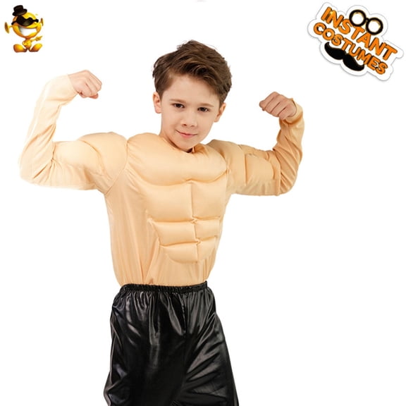 AWZXDE Kids Boy Muscle Shirt Strong Muscle Chest Halloween Pretend Play Top Funny Boys Role Play Abs Comedy Performance Outfit Beige,10-12 Years