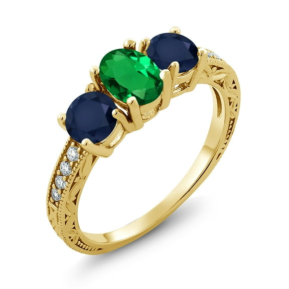 Gem Stone King 1.92 Ct Oval Green Nano Emerald Blue Sapphire 18K Yellow Gold Plated Silver Moissanite Ring (Size 6)