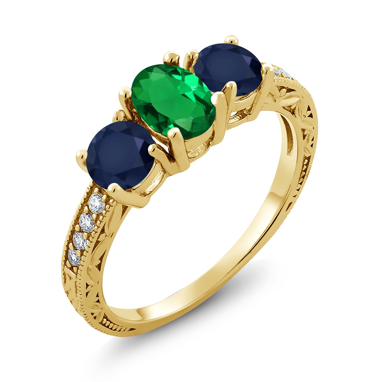 Gem Stone King 1.92 Cttw Oval Green Nano Emerald Blue Sapphire 18K Yellow Gold Plated Silver Moissanite Ring for Women | Wedding Engagement Anniversary Promise Ring for Women